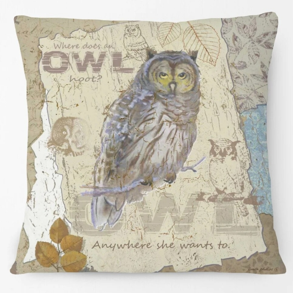 5/$15 Owl Boho Cottagecore Tan Creme Pillow Sham